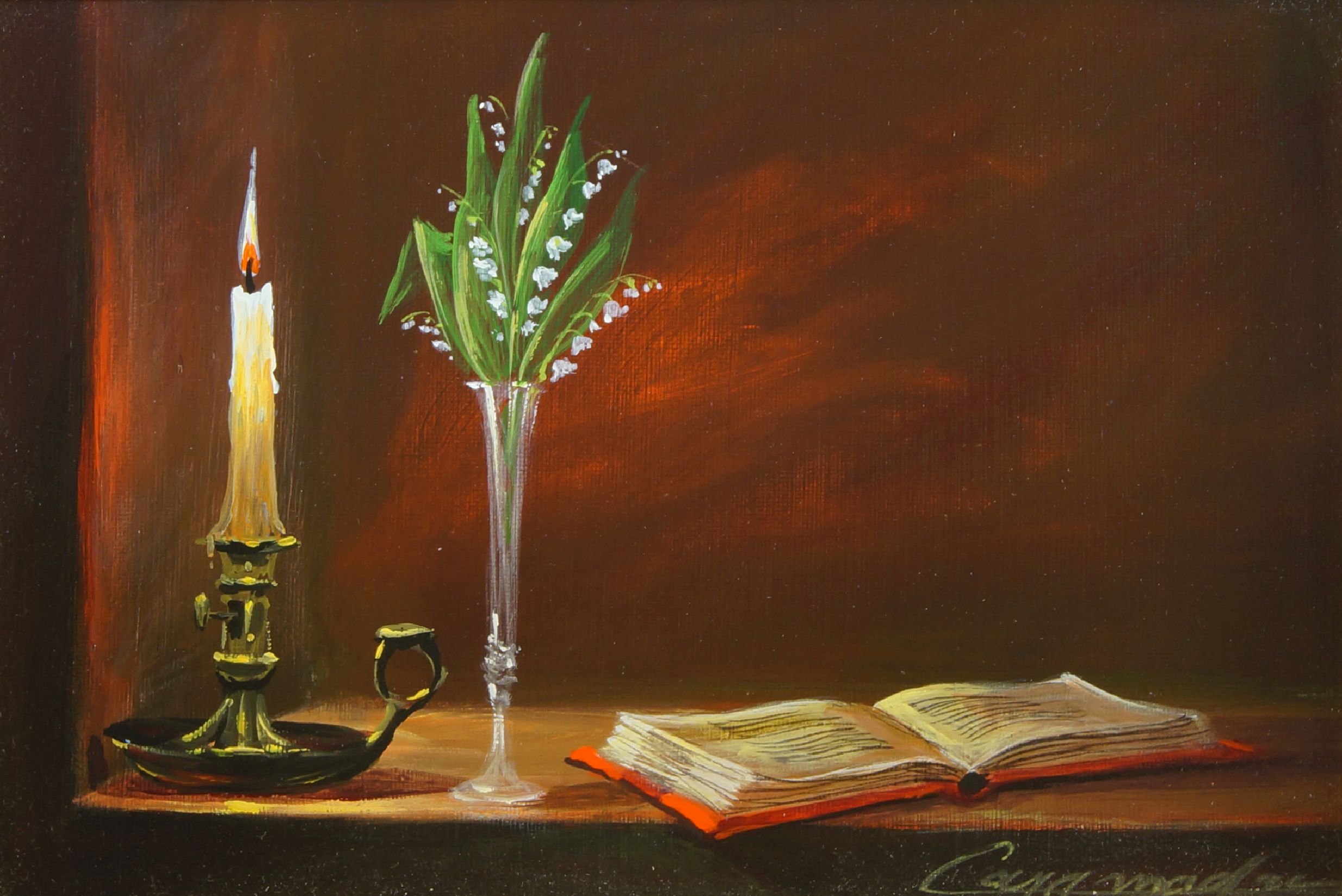 Georges Caramadre, French b.1937- Still life with a candle; oil on canvas, signed lower right, 16