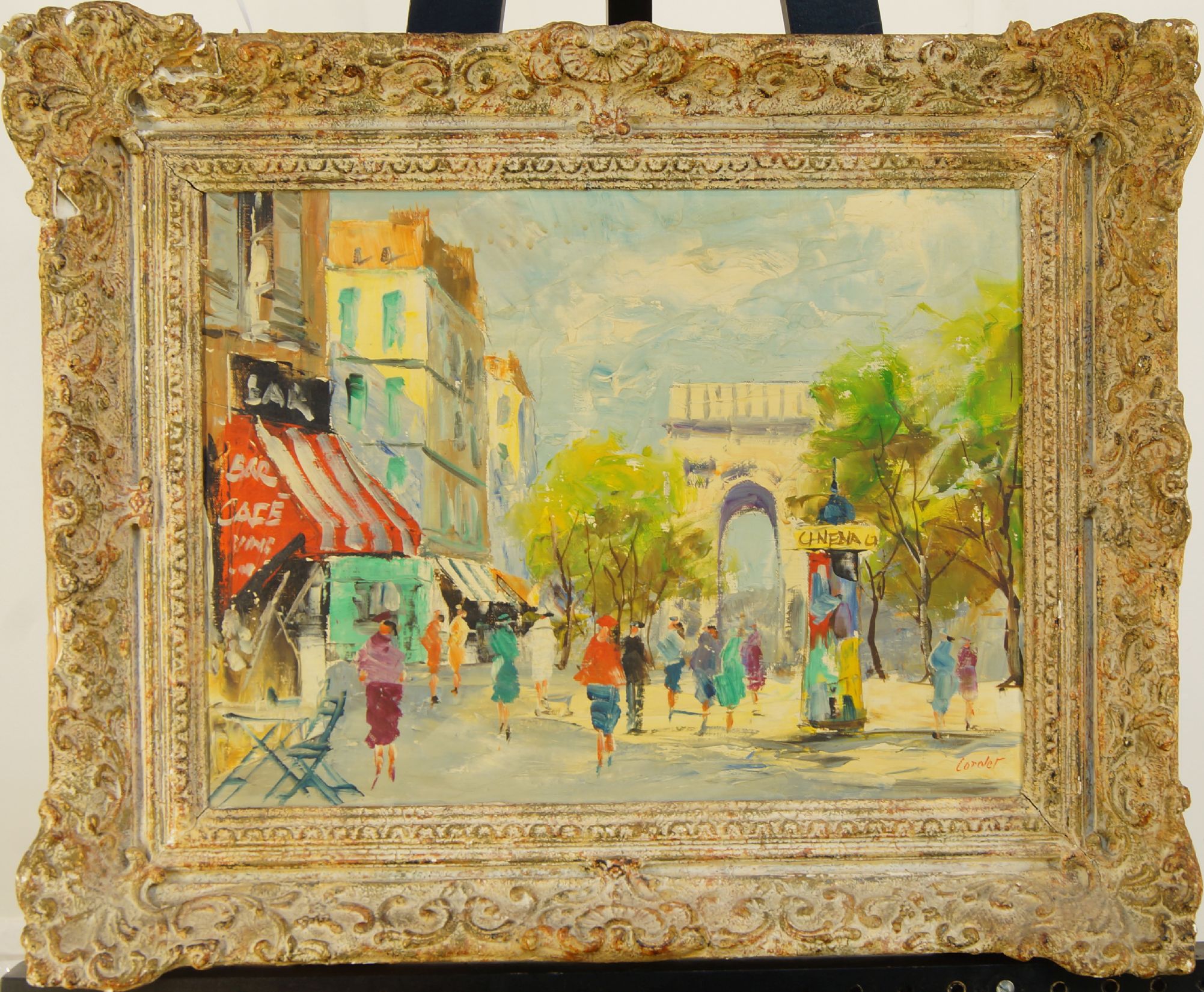 Corolet, French, mid-20th century- Paris street scene with an arch; oil on canvas, signed, 30.5 x 41 - Image 2 of 2