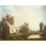 Vincent, European school, mid/late 20th century- Figures and cottage by a lake; oil on canvas,