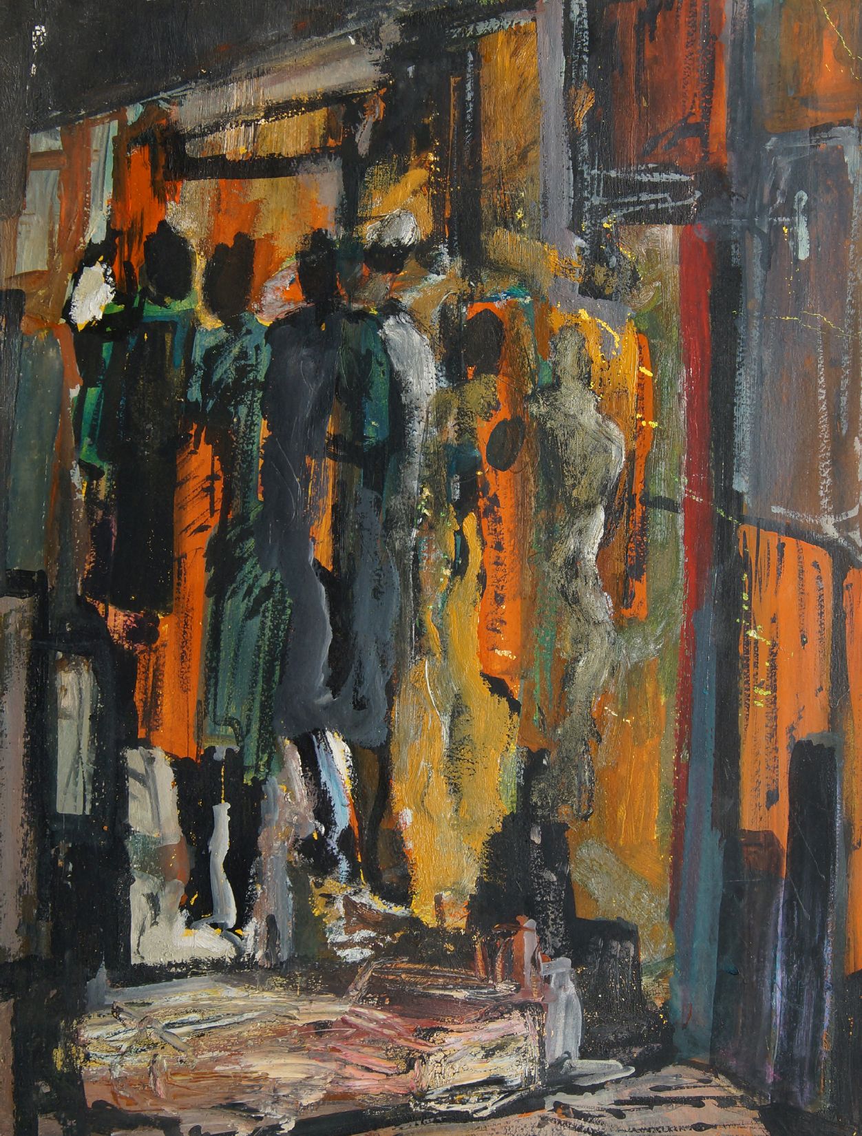 Circle of Maurice van Essche, South African 1906-1977- Figures in a city street; oil on board, 50