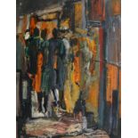 Circle of Maurice van Essche, South African 1906-1977- Figures in a city street; oil on board, 50