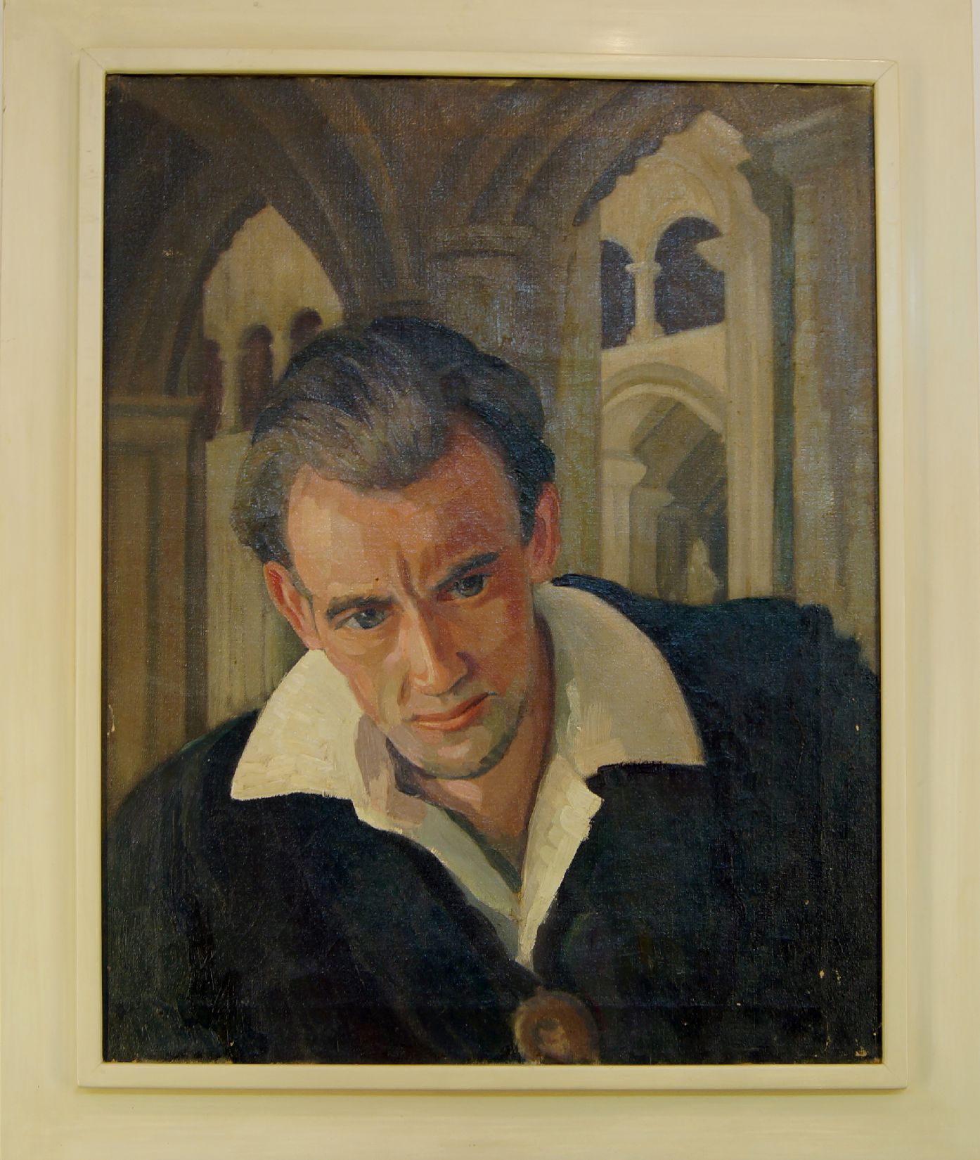 European school, mid-20th century- Portrait of a man, head and shoulders in a church interior; oil - Image 2 of 3