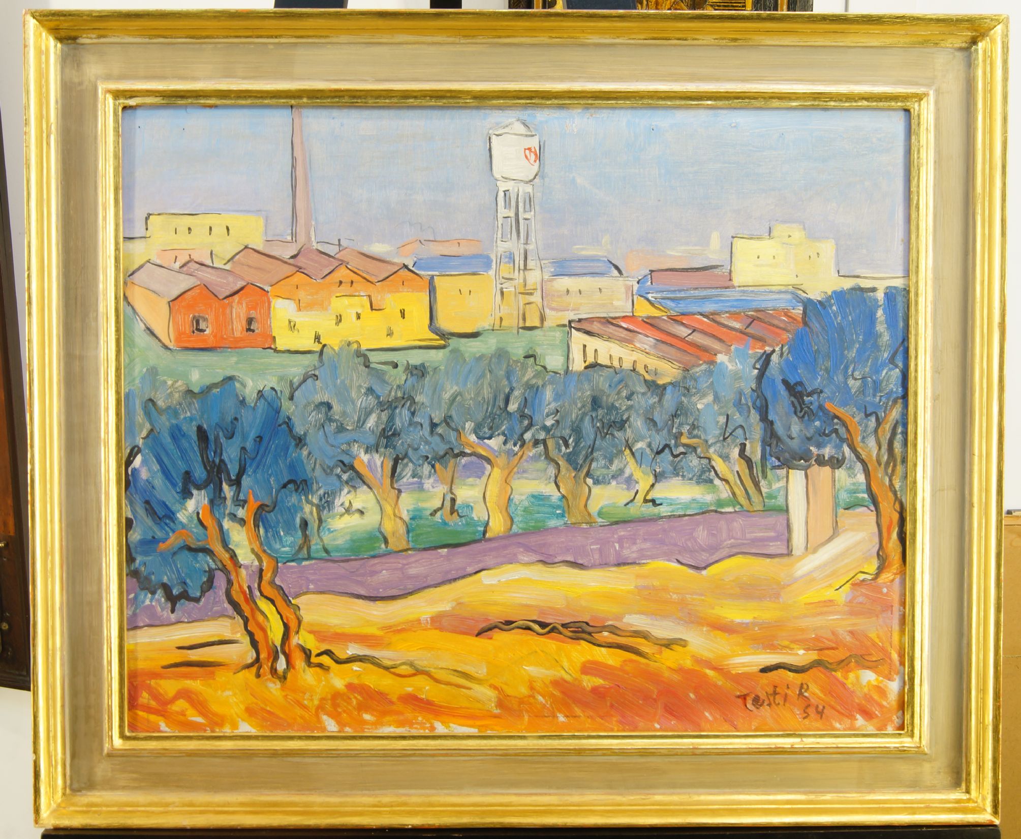 Testi, Italian school, mid-20th century- View of a factory; oil on board, signed and dated 'Testi - Image 2 of 3