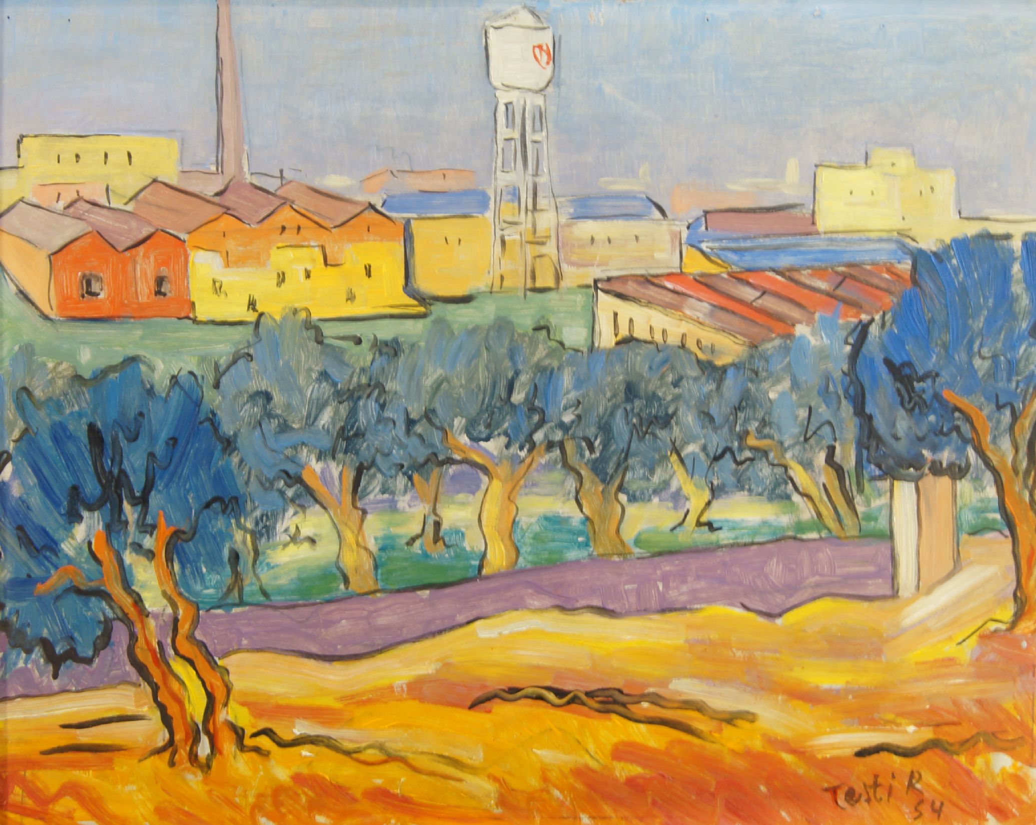 Testi, Italian school, mid-20th century- View of a factory; oil on board, signed and dated 'Testi