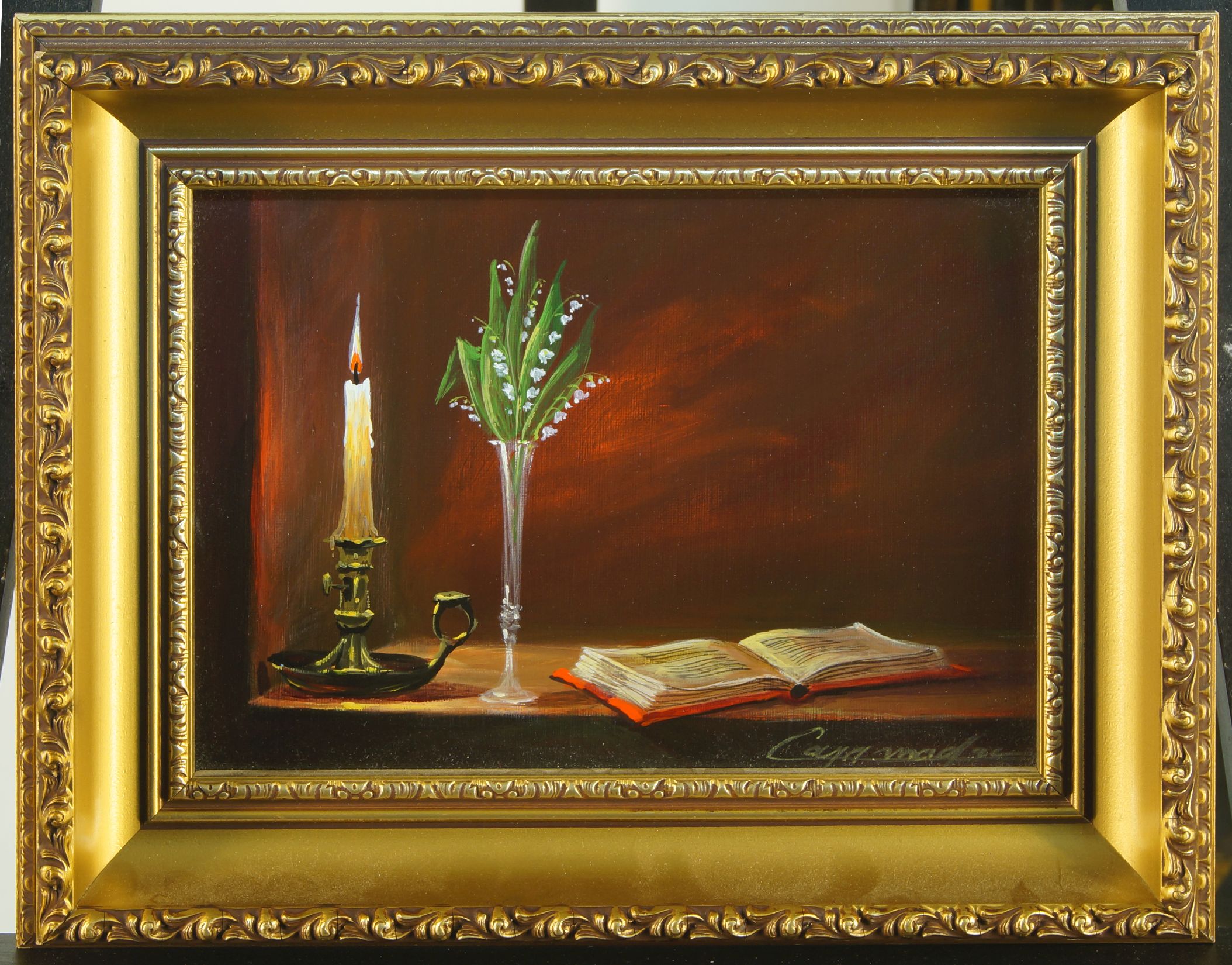 Georges Caramadre, French b.1937- Still life with a candle; oil on canvas, signed lower right, 16 - Image 2 of 3