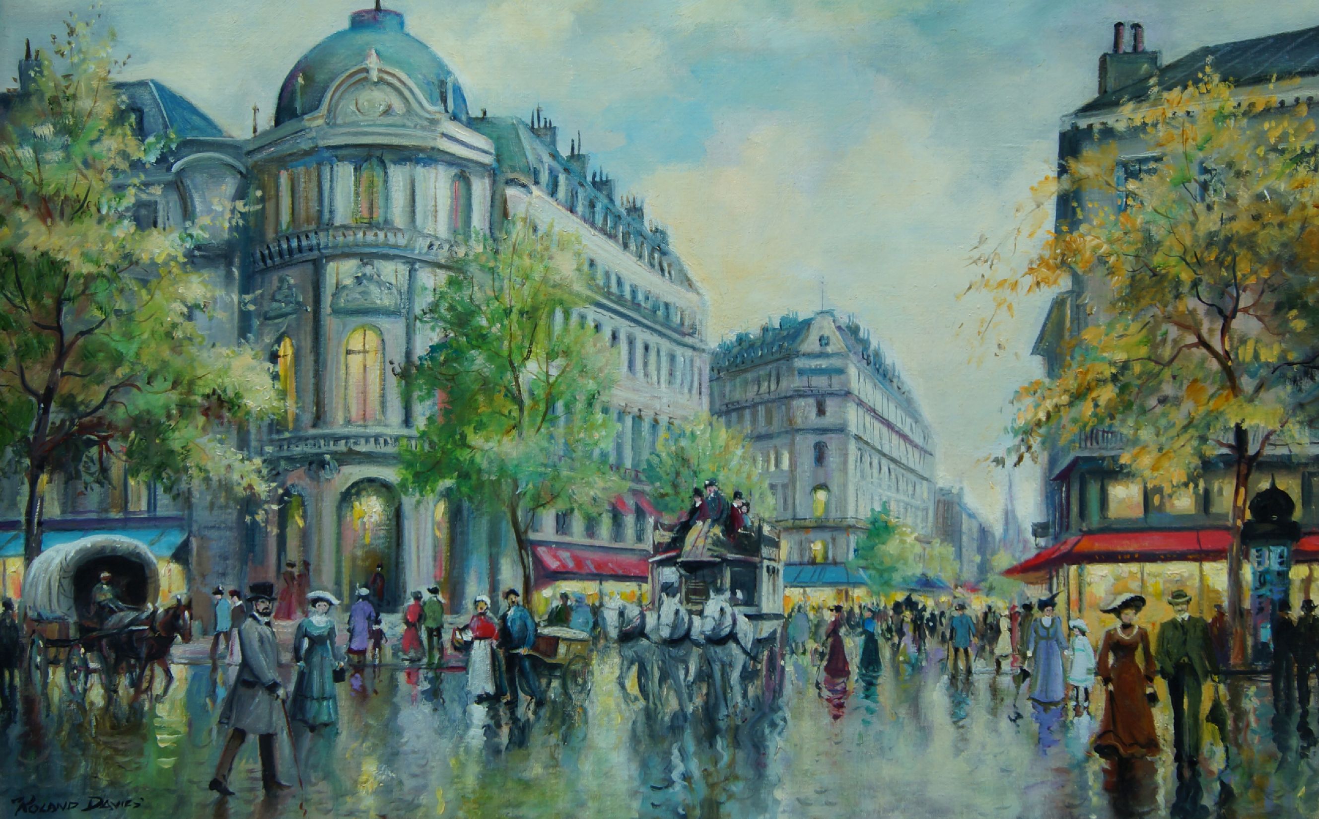 Roland Davies, British 1904-1993- A Corner of the Boulevard Italiens; oil on canvas, signed lower