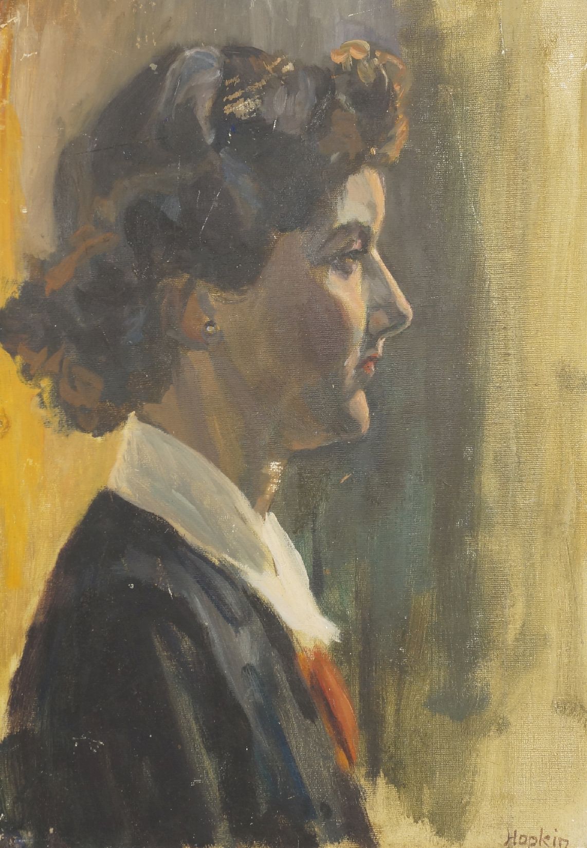 Hopkin, British school, mid-20th century- Portrait of a woman in profile, turned to the right; oil