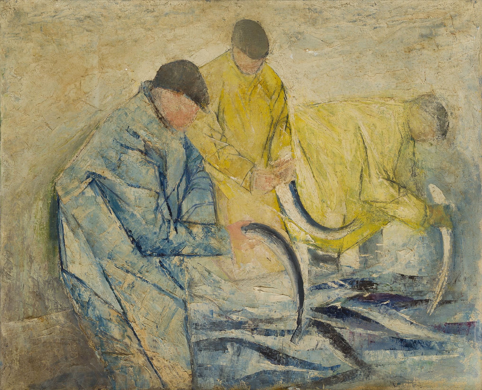 Robin Wylie, Irish, late-20th century- Three fishermen (with portrait of a man on the reverse);