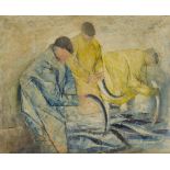 Robin Wylie, Irish, late-20th century- Three fishermen (with portrait of a man on the reverse);