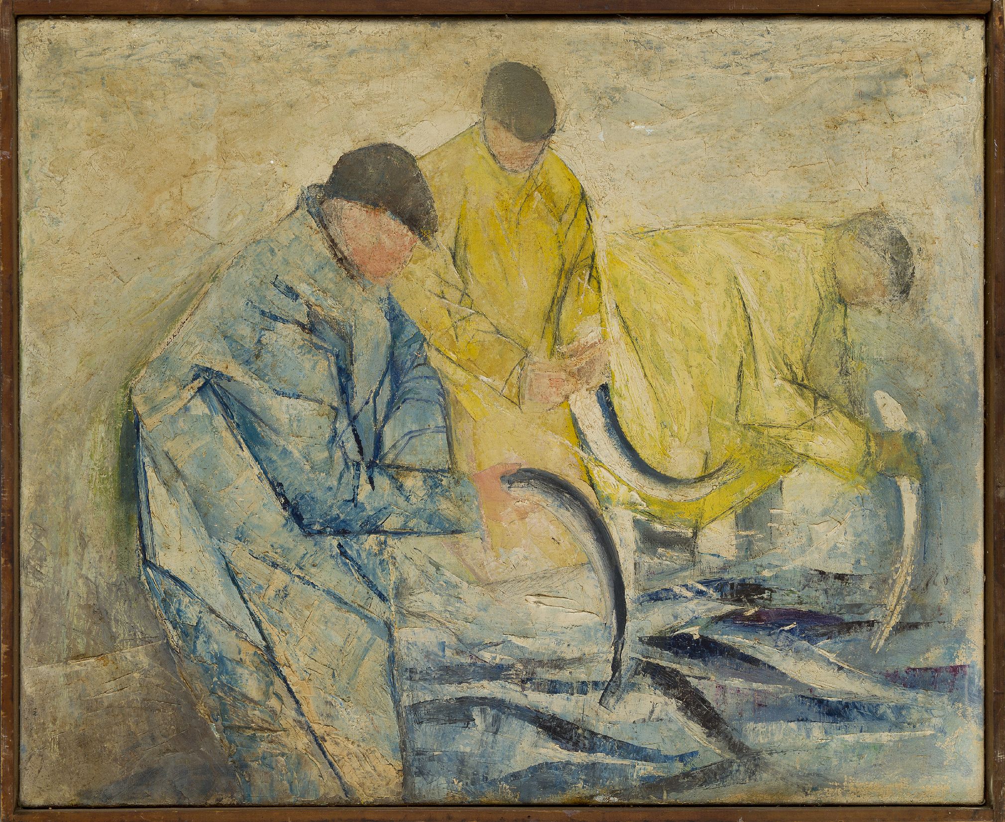 Robin Wylie, Irish, late-20th century- Three fishermen (with portrait of a man on the reverse); - Image 2 of 3