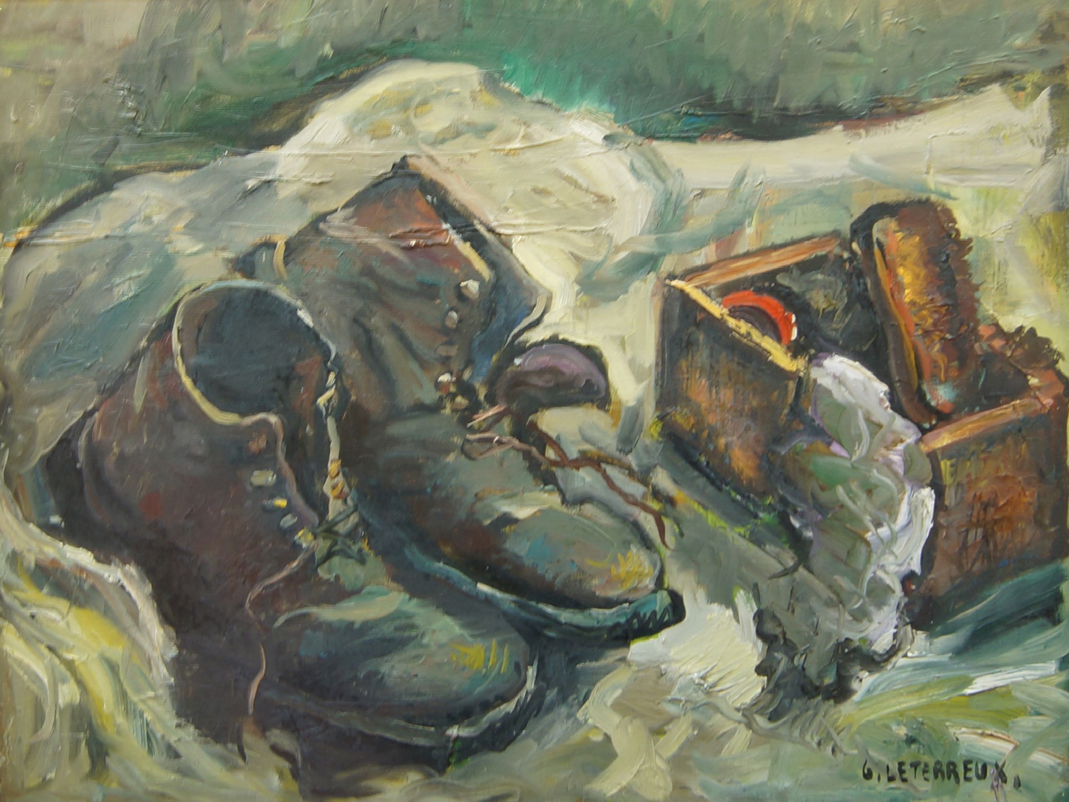 Gervais Leterreux, French 1930-2003- Still life with boots and polish; oil on canvas, signed lower