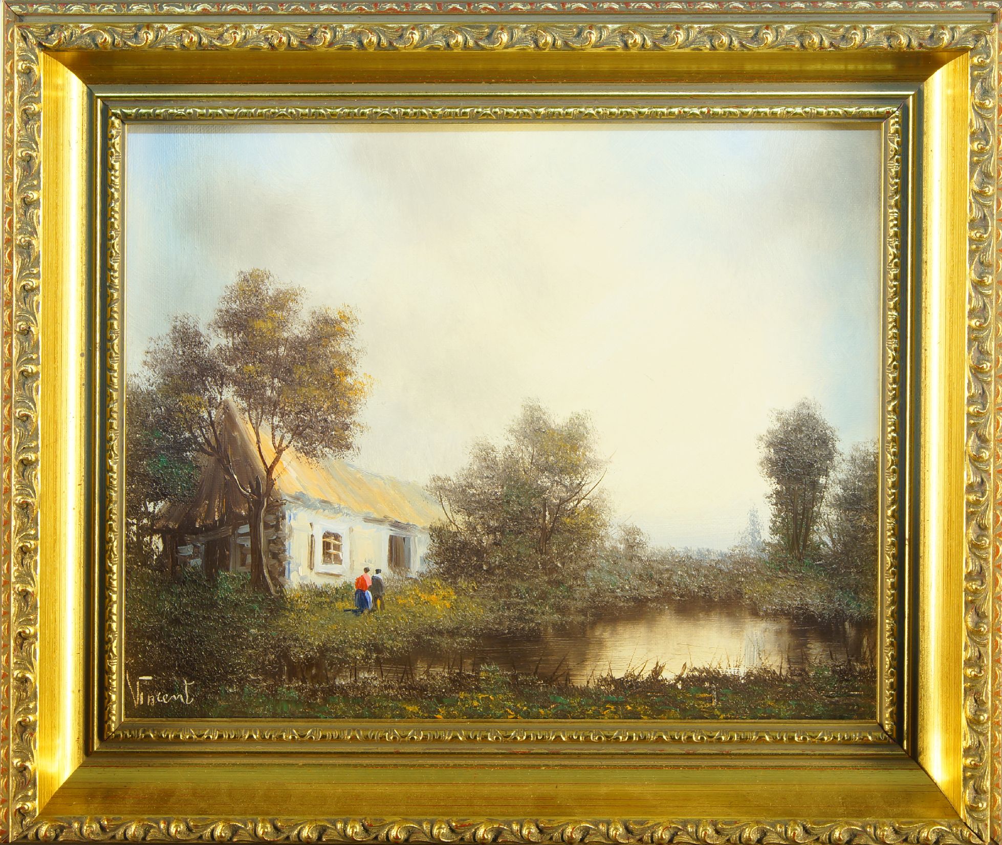 Vincent, European school, mid/late 20th century- Figures and cottage by a lake; oil on canvas, - Image 2 of 3