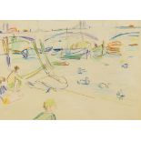 Chatin Sarachi, British/Albanian 1899-1974- River Life; coloured crayon on paper, 26x36.5cm (ARR)