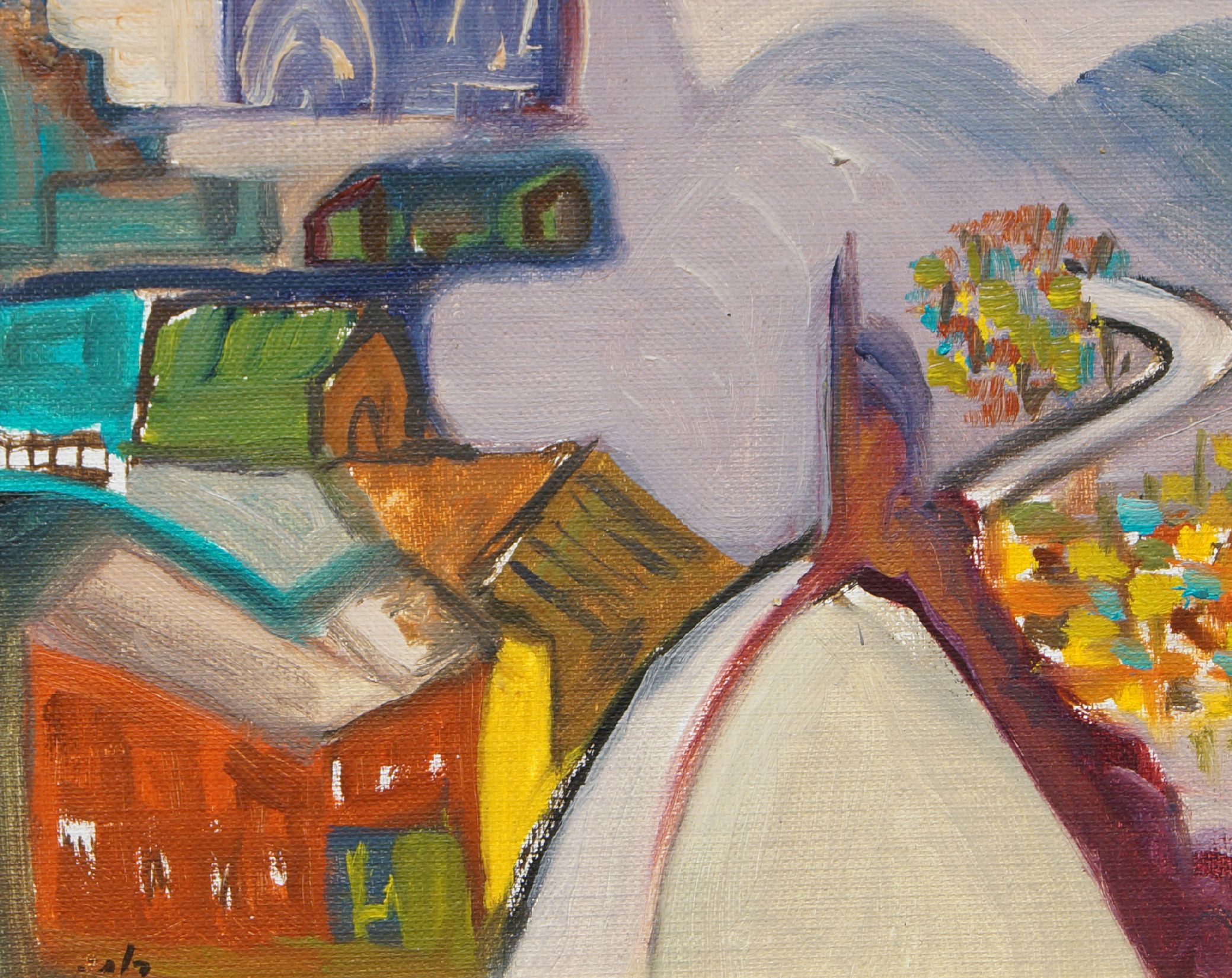 Israeli School, mid-20th century- Abstract street scene; oil on canvasboard, signed lower left,