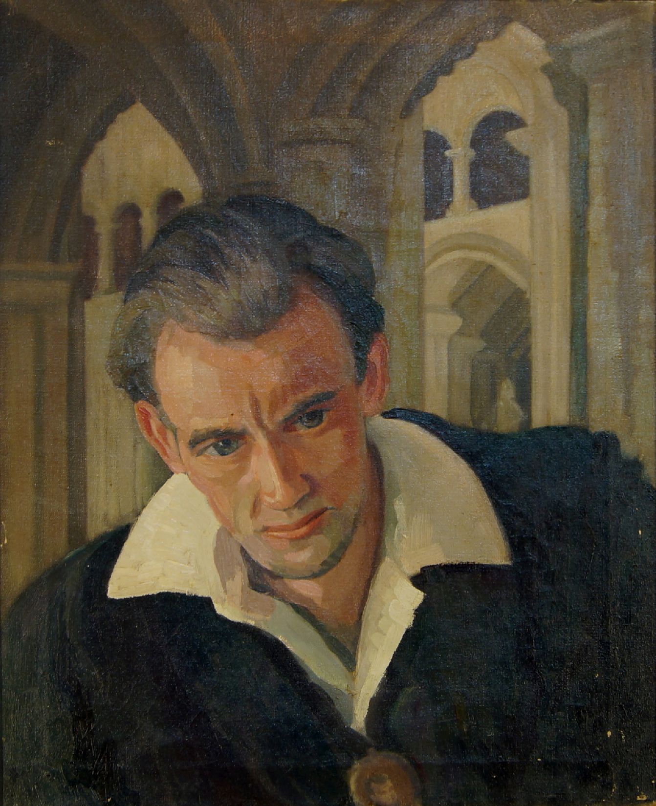 European school, mid-20th century- Portrait of a man, head and shoulders in a church interior; oil