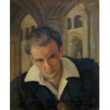 European school, mid-20th century- Portrait of a man, head and shoulders in a church interior; oil