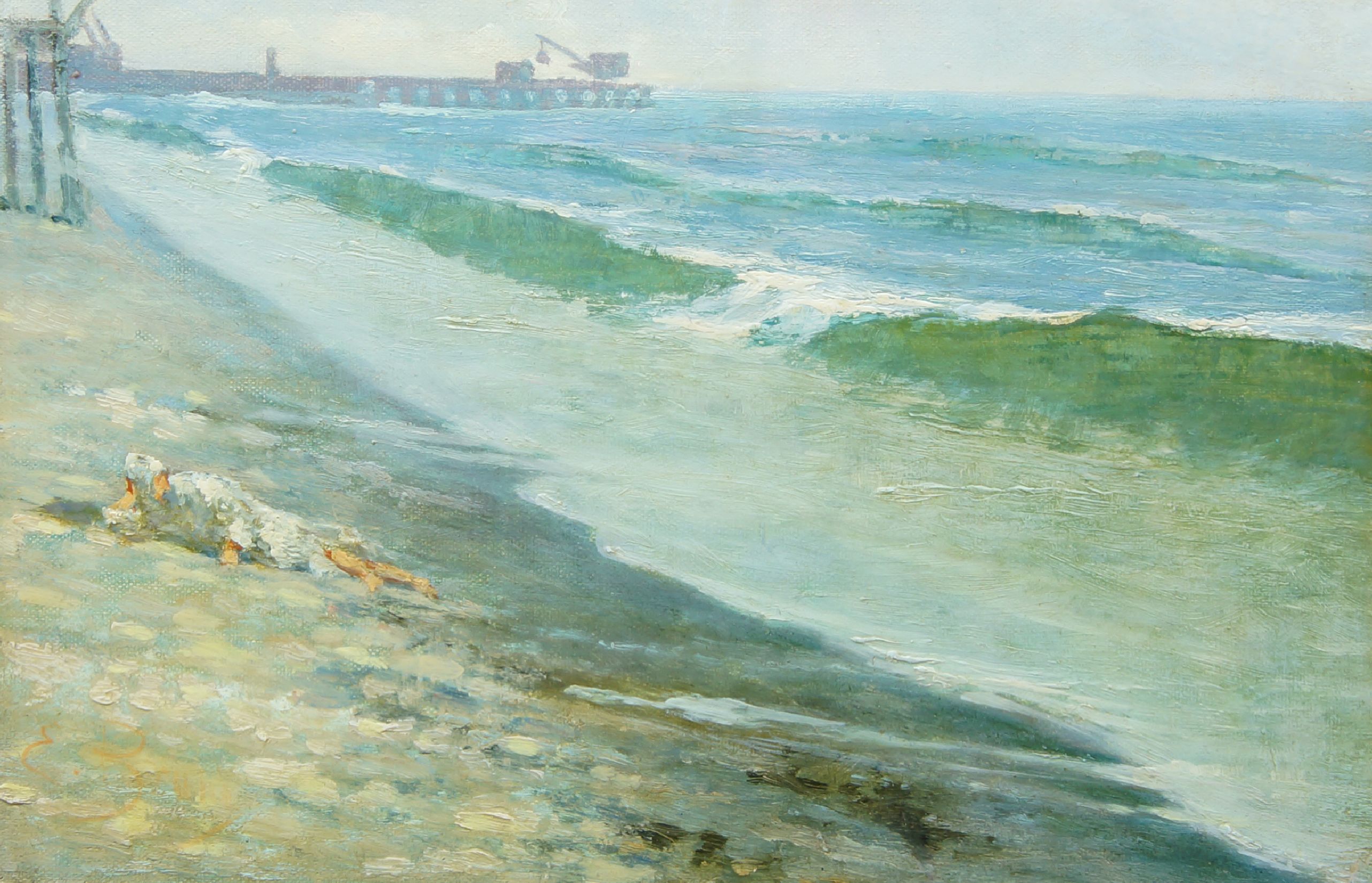 Emil Bruno, Austrian 1868-1940- Beach scene with a figure resting and a distant jetty; oil on canvas