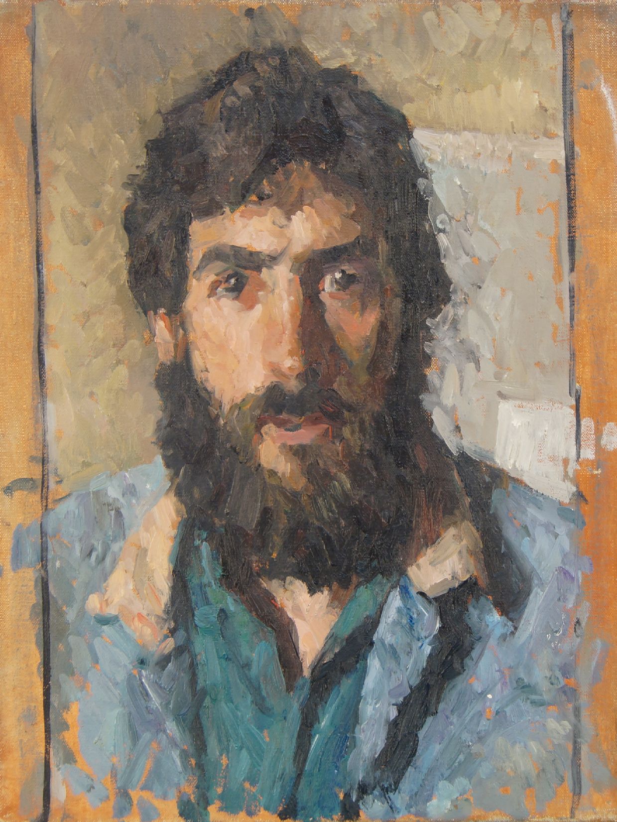 British School, mid/late-20th century- Portrait of a bearded man, quarter length in a blue shirt;