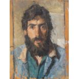 British School, mid/late-20th century- Portrait of a bearded man, quarter length in a blue shirt;