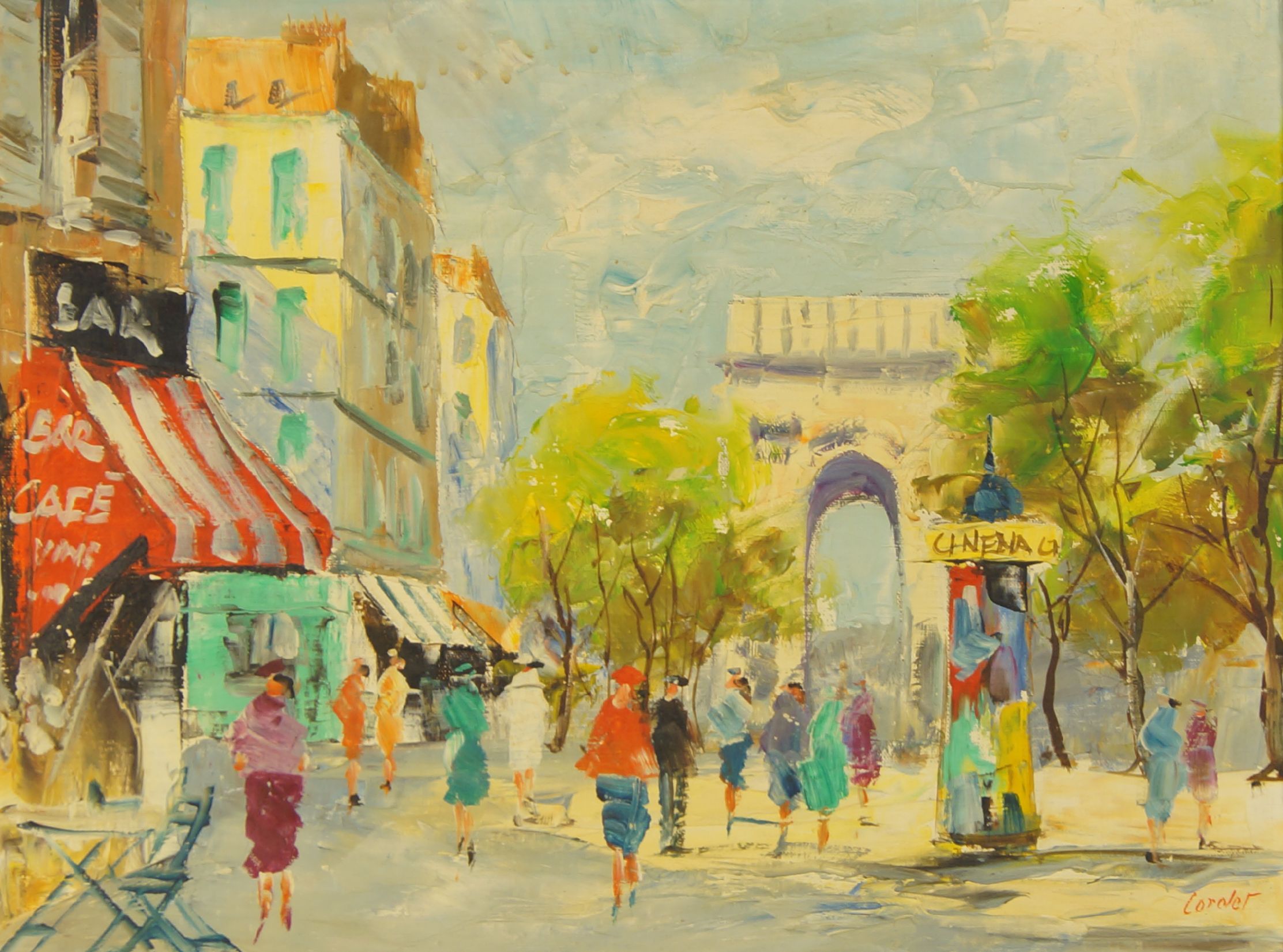 Corolet, French, mid-20th century- Paris street scene with an arch; oil on canvas, signed, 30.5 x 41