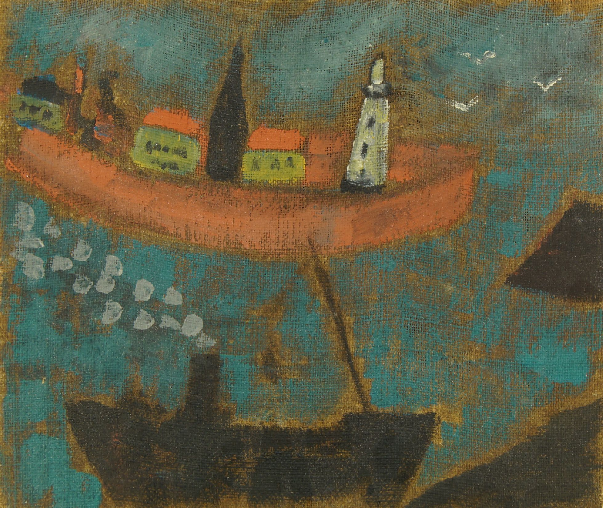 British Naive School, 20th century- Ship by a quayside with a lighthouse; oil on de-stretchered