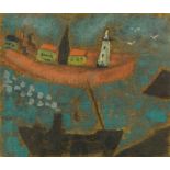 British Naive School, 20th century- Ship by a quayside with a lighthouse; oil on de-stretchered