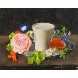 Julie Harris, British, late 20th/early 21st century- Still life with flowers, a tyg and a pewter