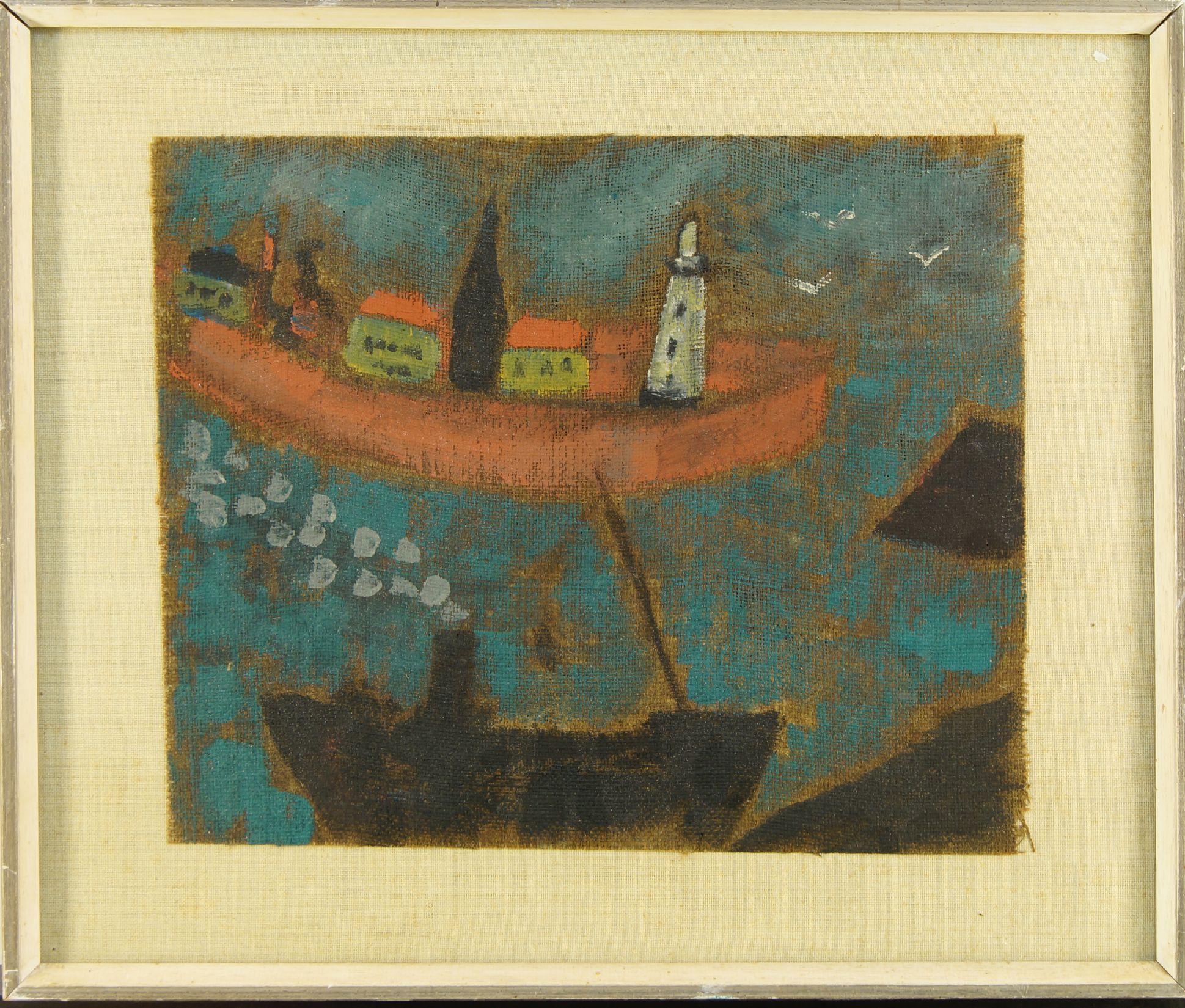 British Naive School, 20th century- Ship by a quayside with a lighthouse; oil on de-stretchered - Image 2 of 2