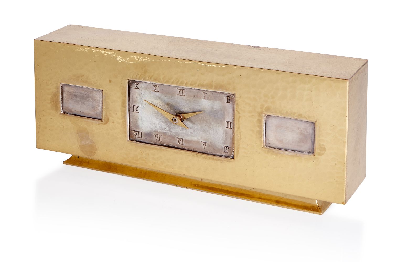 Designer Unknown, Bauhaus style mantel clock, circa 1930s, Silvered metal and hammered brass,