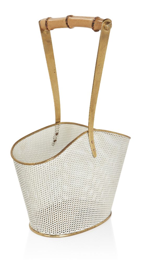 Manner of Mathieu Mategot, Perforated metal bottle holder, c.1950, Lacquered metal, brass, bamboo,