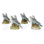 Artist Unknown, Four Budgie menu or place card holders, circa 1920s, Cold painted white metal, green