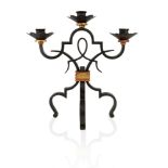 Manner of Raymond Subes, Three light candelabra, 20th Century, Parcel gilt wrought and cast iron,