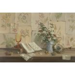 Deborah Jones, British 1921-2012 - Still Life with Flower Prints and Amber Goblet, 1975; oil on