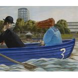 Ronnie Copas, British b.1936 - Lunchtime on the Lake, 1986; egg tempera on panel, signed and dated