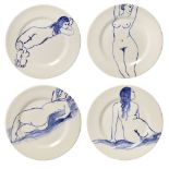 Tessa Newcomb, British b.1955 - A suite of four blue and white glazed earthenware side plates