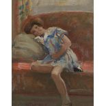 Harry John Pearson, British 1872-1933 - Portrait of a young girl seated on a red sofa, (with '