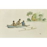 James Page-Roberts, British b.1925 - Natives in Outrigger, Madang, N. Guinea; oil on paper, signed