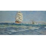 Rowland Fisher RA RMSA ROI, British 1885-1969 - Boats at sea; oil on board, signed lower right '