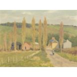 Alan Stenhouse Gourley PROI, British 1909-1991 - Figure on a road to a village with poplar trees;