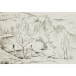 Rowland Pym, British 1905-2010 - Landscape with two figures; ink on paper, 20 x 28.8 cm: together