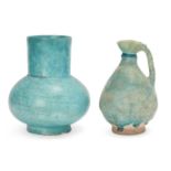 Two turquoise glazed pottery vessels, Iran, 12th - 13th century, the first of baluster form on a