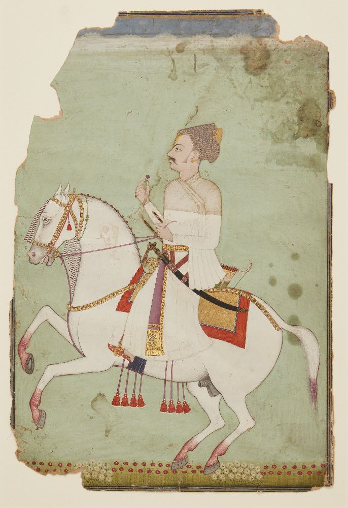 An equestrian portrait of Shri Hogha, Raghogarh, North India, circa 1700, gouache on paper