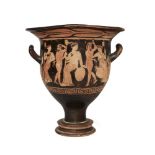 An Apulian red-figure bell krater, with bacchanalian scene, side (a) with two naked satyrs, three