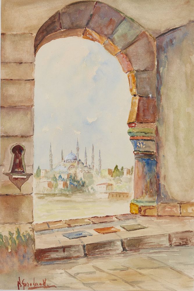 Two watercolours of Istanbul 20th century, Untitled, the first with a view through a window - Image 2 of 2