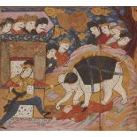 An illustration to a Shahnameh, circa 1600, gouache on paper heightened with gold, depicting a