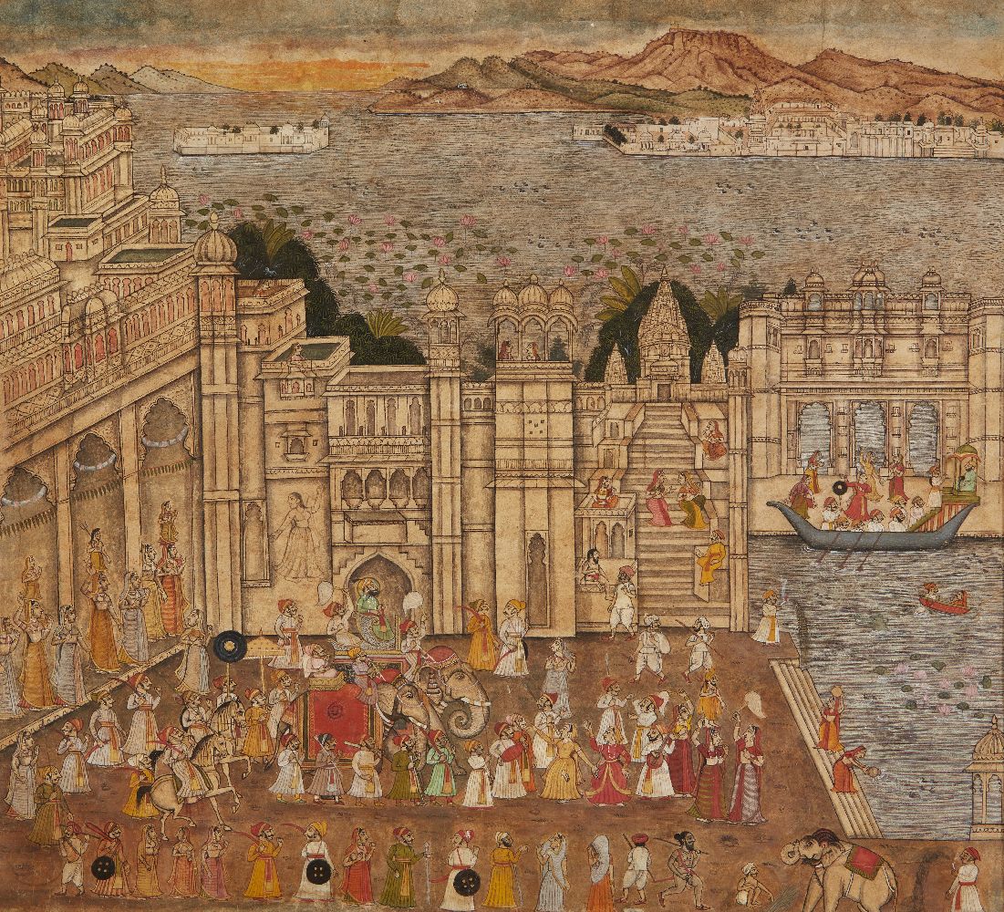 A large palace scene, Rajasthan, India, after 1900, gouache on paper heightened with gold, depicting