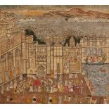 A large palace scene, Rajasthan, India, after 1900, gouache on paper heightened with gold, depicting