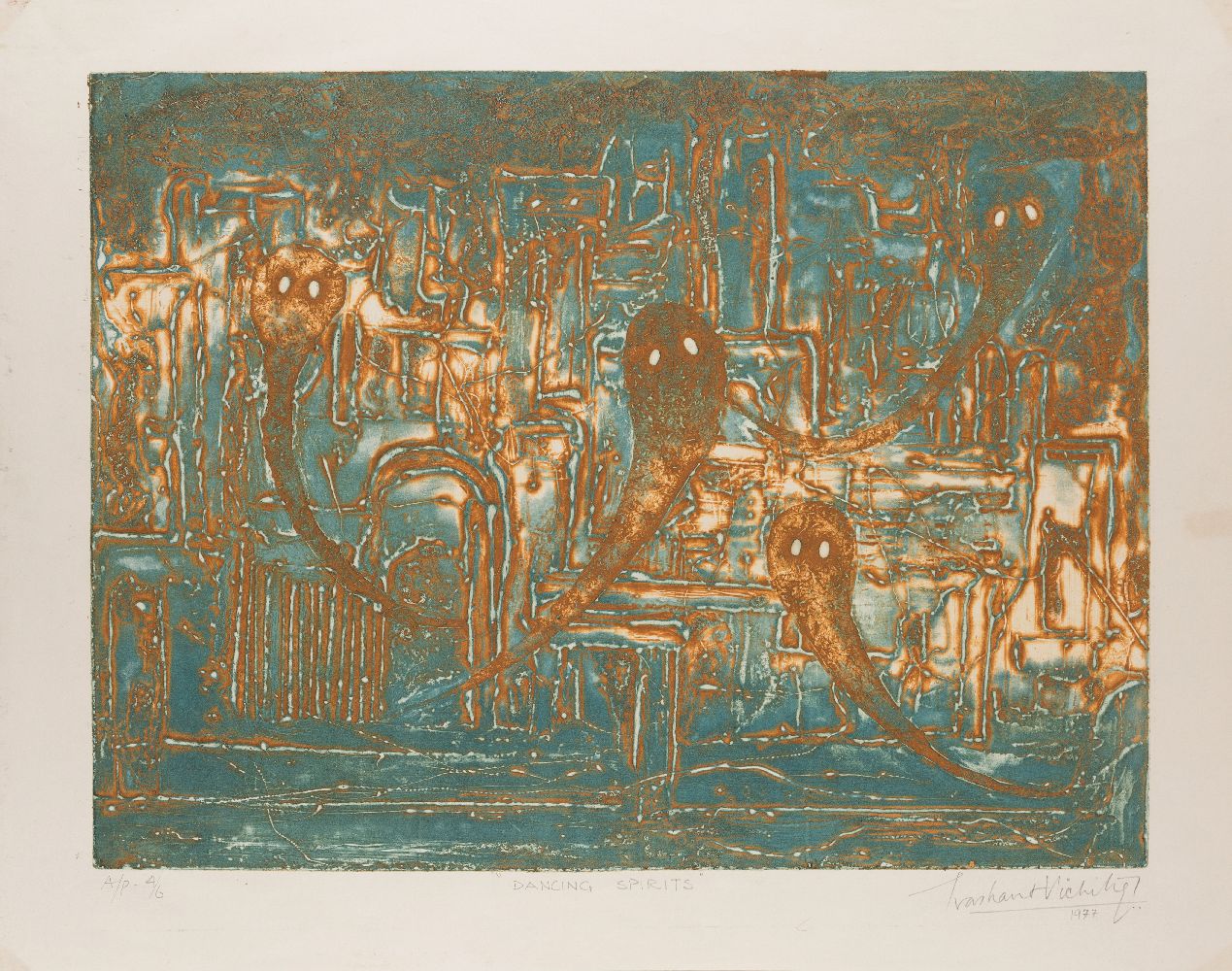 Prashant Vichitra (Indian, 20th century), Dancing Spirits, Intaglio print in colours, Editioned 'A/P