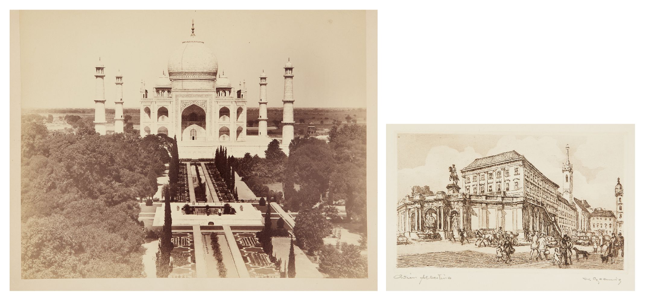 A black and white photograph of the Taj Mahal, Agra, India, early 20th century, shown from the