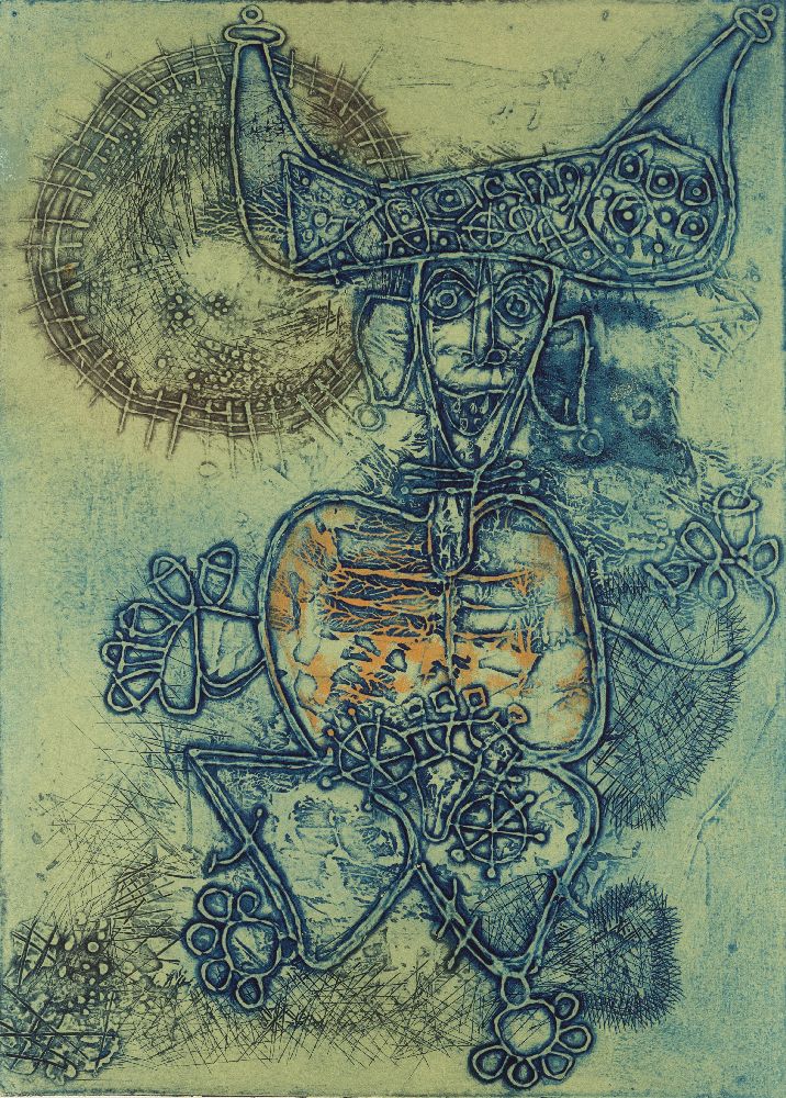 Mumtaz J. A. Khan (Indian, b. 1947), Tribal-God, Intaglio print in colours, Signed, dated, titled